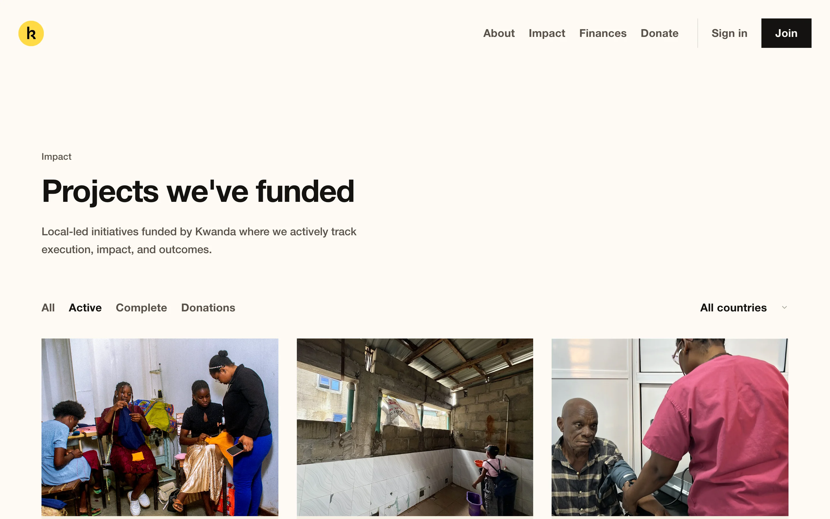 The projects page on kwanda.co, light theme